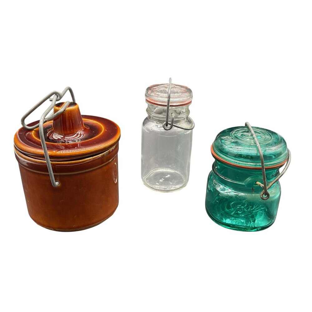 Vintage Green Ball Ideal Bicentennial Mason Jar & Crock Set 4"H